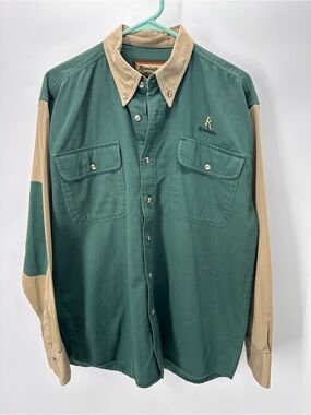 Vintage Remington Green & Khaki Button Up with Contrast Sleeves & embroidery